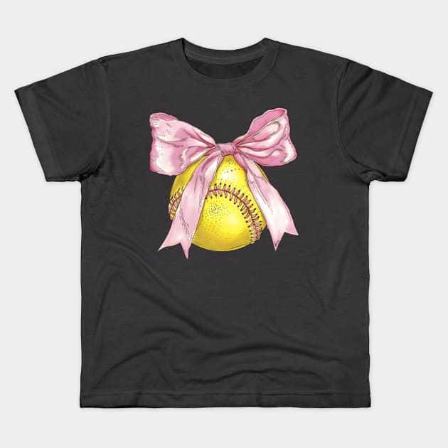 Cute softball with bow Kids T-Shirt by Karley’s Custom Creations